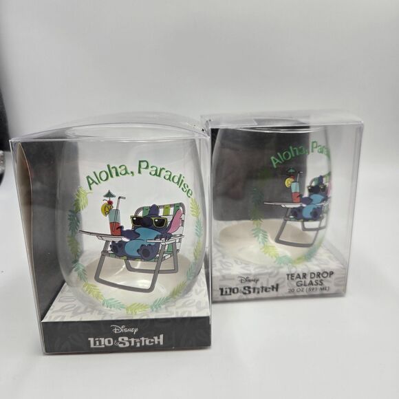 Disney Lilo & Stitch Wine Glass Set Aloha Paradise Stemless Tear Drop Glasses - Picture 4 of 4